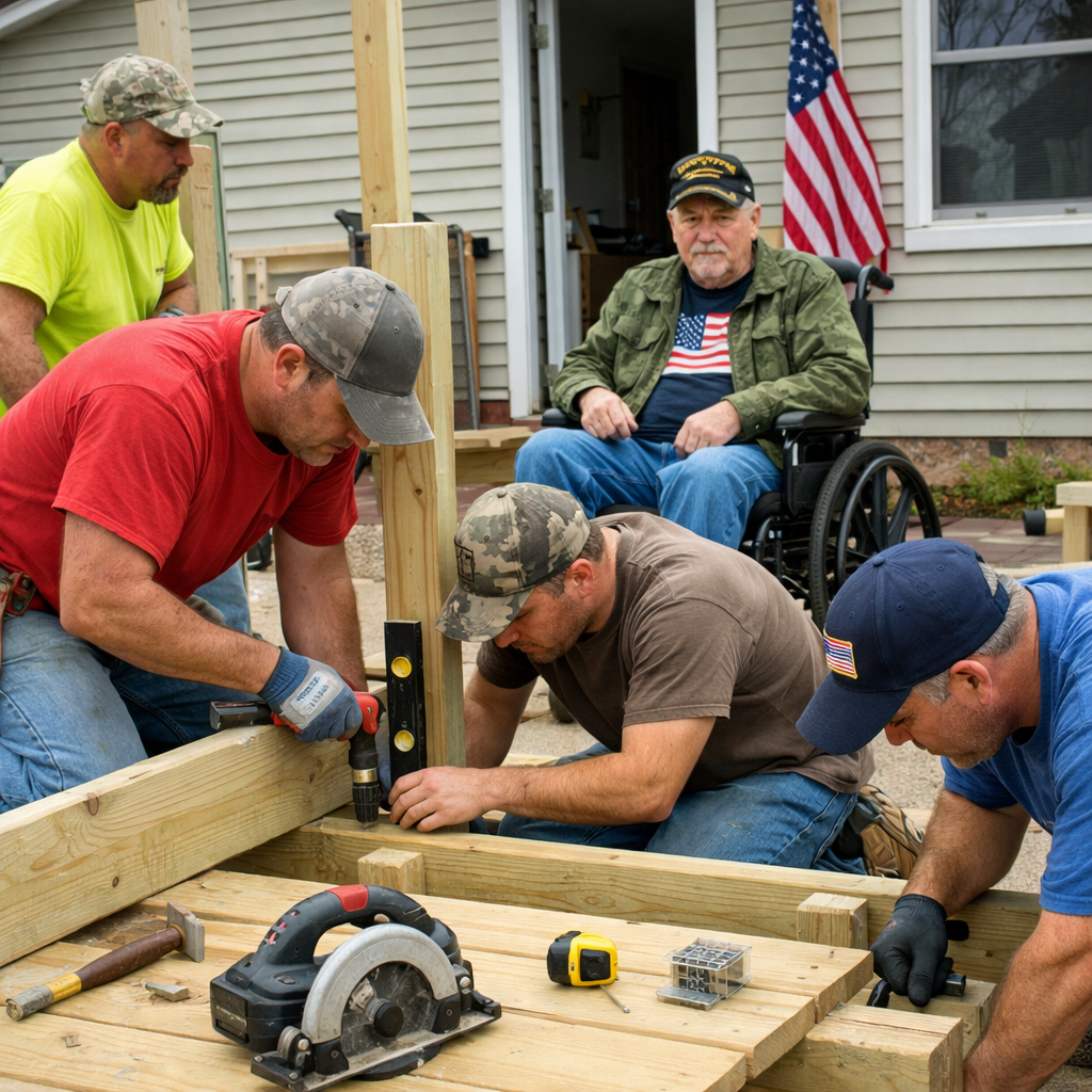 Volunteers building a wooden ADA ramp at a home